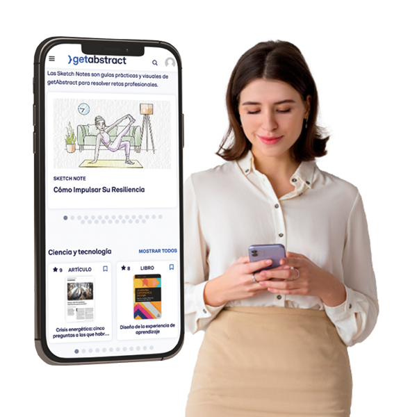 Mujer disfruta de la aplicación de getabstract en su telefono, viste de camiseta blanca y falda beige, a su lado mas grande encontramos la pantalla de un smartphone con la app de Getabstract.